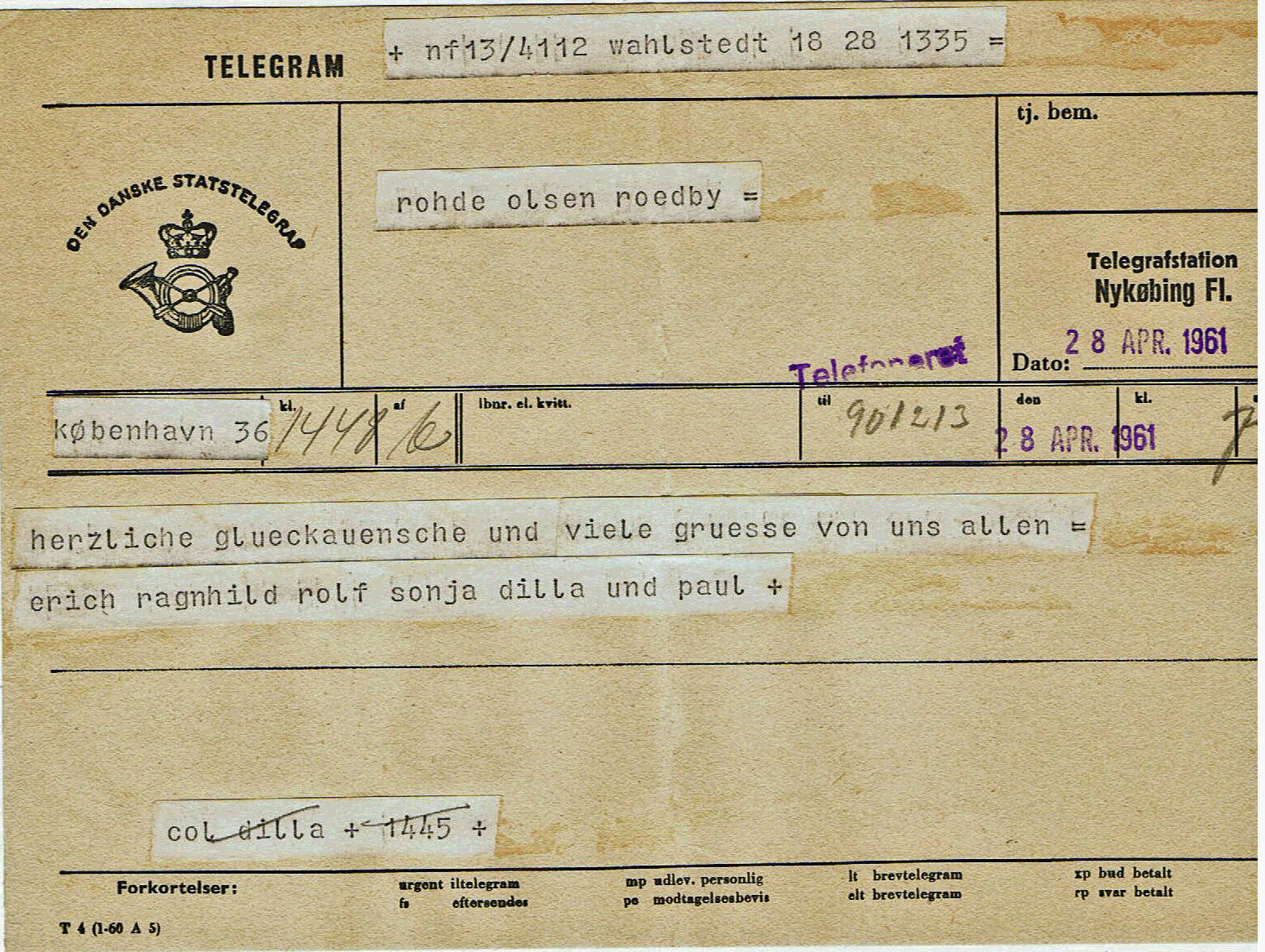 Telegram fra Tyskland 60 rs fdsesdag 1961 