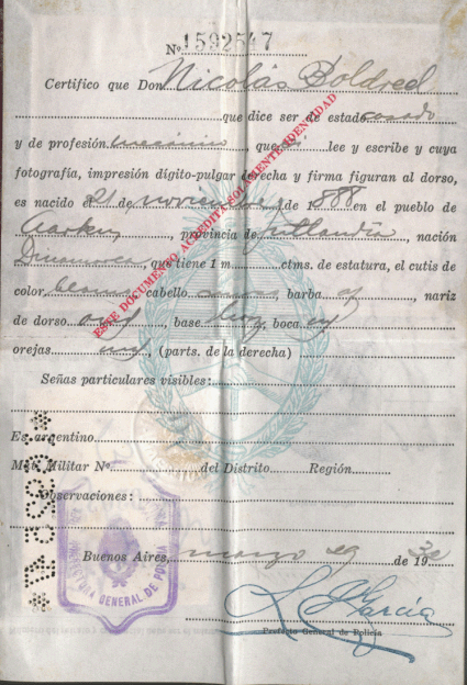 Niels Carl pas & legimitationspapir fra Argentina